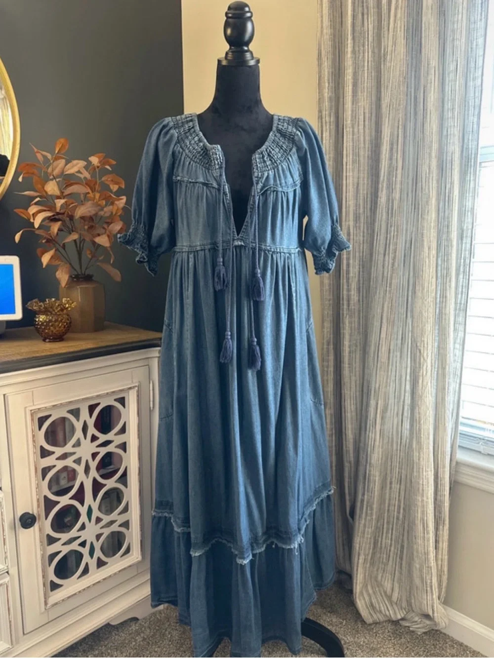 Free People Indigo Tassel Tiered Denim Maxi Dress